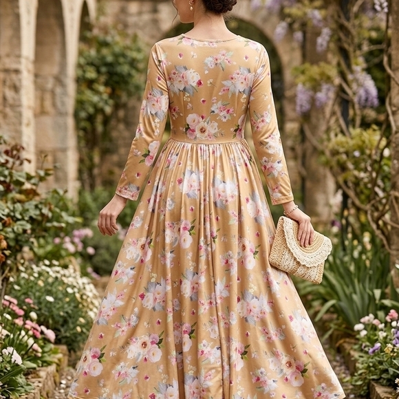 JessaKae Beige Floral Long Sleeve Maxi Dress with Pink Accents - Picture 2 of 8